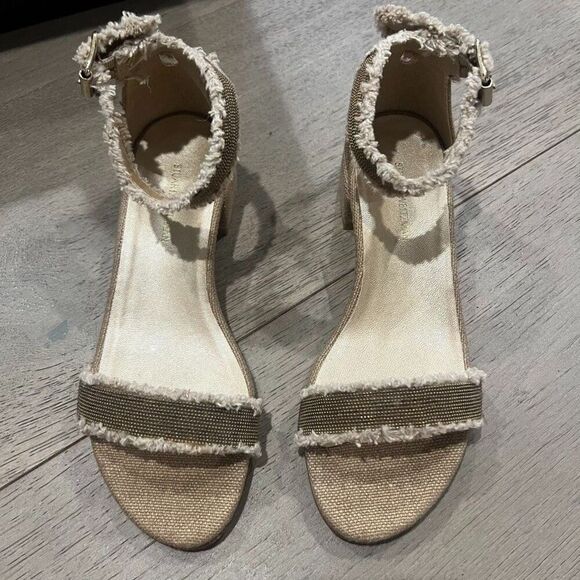 Stuart Weitzman Nudistchains Canvas Gold Sandals Tweed  Block US 6 - Picture 14 of 15